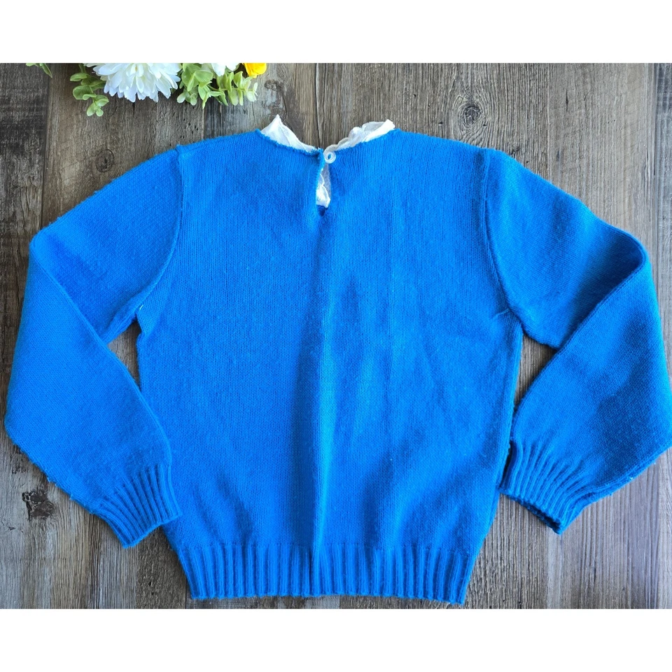 Suéter Vintage J. J. Poole Azul Acrílico Cuello Encaje Hecho en EE. UU. Niñas 4 XS Foto 4 de 4