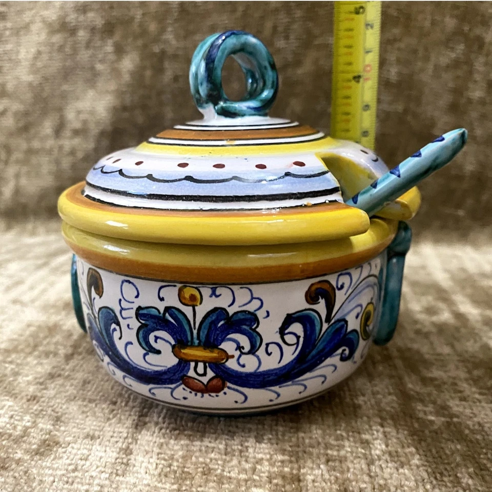 Tazón de queso/azúcar de cerámica artística de mayólica Ricco Deruta - Hecho a mano en Italia Foto 2 de 4