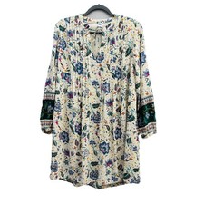 Old Navy XS/TP Floral Pleated Tie Neck Tunic Shirt Dress Long Sleeve Lined Boho