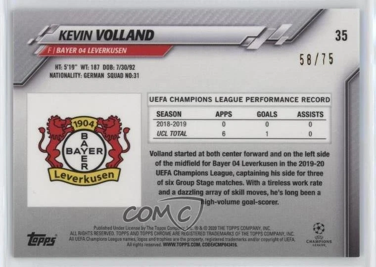 2019-20 Topps Chrome UCL Sapphire Edition Green Refractor /75 Kevin Volland #35 - Image 2 of 2