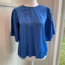 FRNCH Blue XS Prairie Cottagecore Wide Sleeve Keyhole Silk-Feel Blouse Shirt