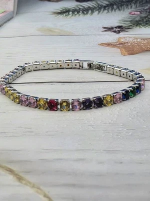 Bracelet Tennis Argent 925 et Zirconiums Multicolores - Femme/Homme Taille 18cm - Photo 1/3