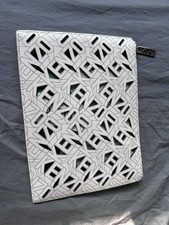 Kenzo White Cut Flying Leather Logo Zip Pouch, clutch, wallet