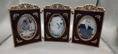 Vintage Tri-folding Picture Frame Gold Tone Red Enamel Elegant 
