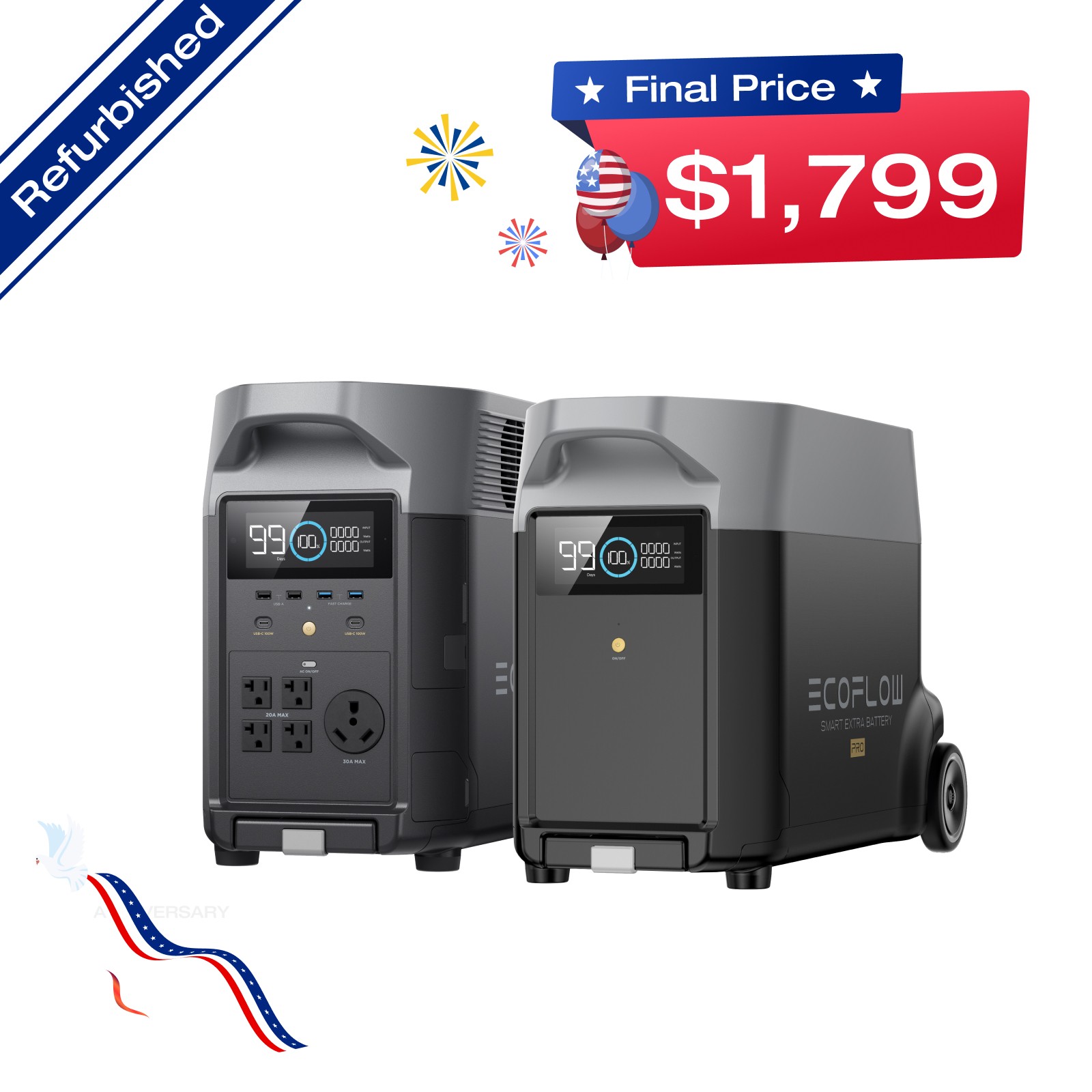 EcoFlow DELTA Pro Power Station+Extra Battery 7200Wh Certified Refurbished, LFP