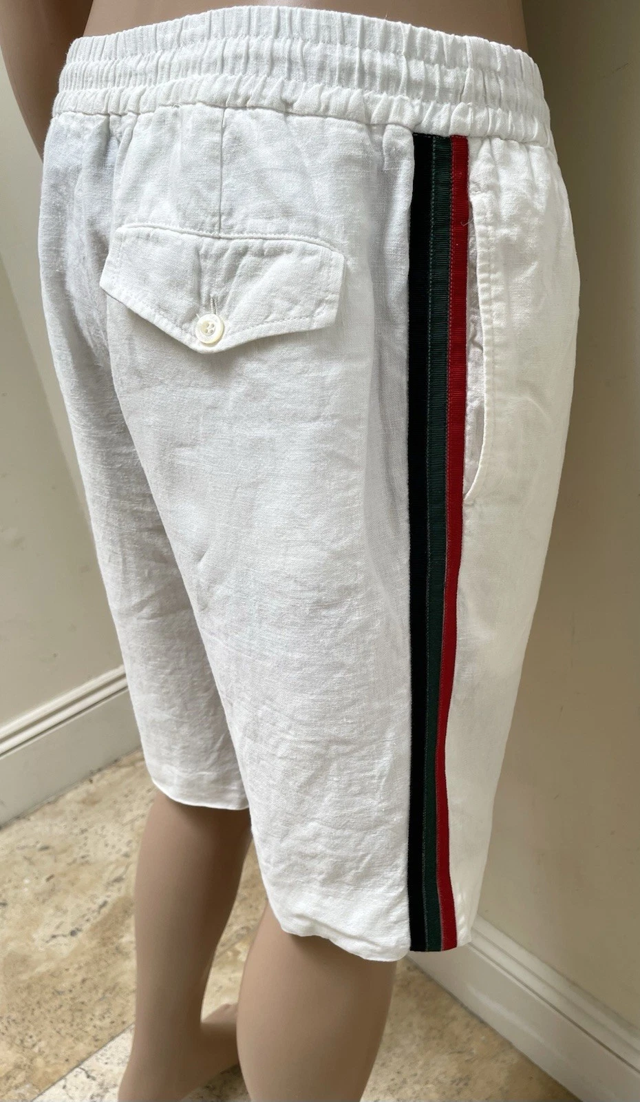 GUCCI Men’s Knee Length Shorts, Side Pockets, White Linen with Gucci Ribbon S-50
