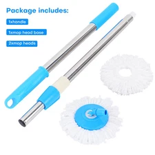Spinning Mop Handle Replacement 360° Cleaning Tool Blue +2x Microfiber Mop Heads