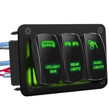 3 Gang Toggle Rocker Switch Panel Green LED Light for Car Marine Boat Waterproof