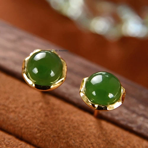 Solid 925 Sterling Silver With Natural Green Jade Stud Women Earrings 8mm W - Picture 3 of 5