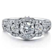 Sterling Silver AAAA Cubic Zirconia 3-Stones Halo Split Shank Ring