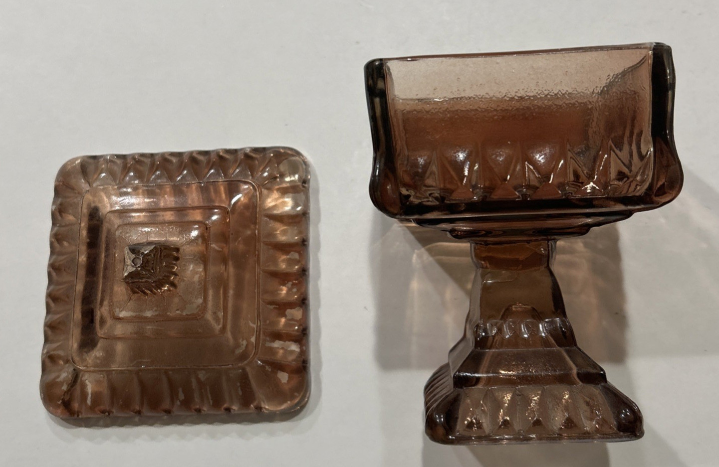 Vintage Jeanette Carnival Glass Wedding Box Dish Brown Rose Pedestal 6.5" + Lid