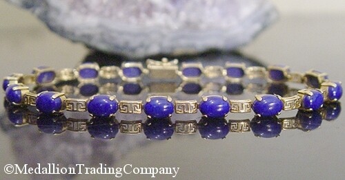 14k Gold Lapis Lazuli Vivid Blue Oval Cabochon Greek Key Tennis Line Bracelet 8" - Picture 1 of 4