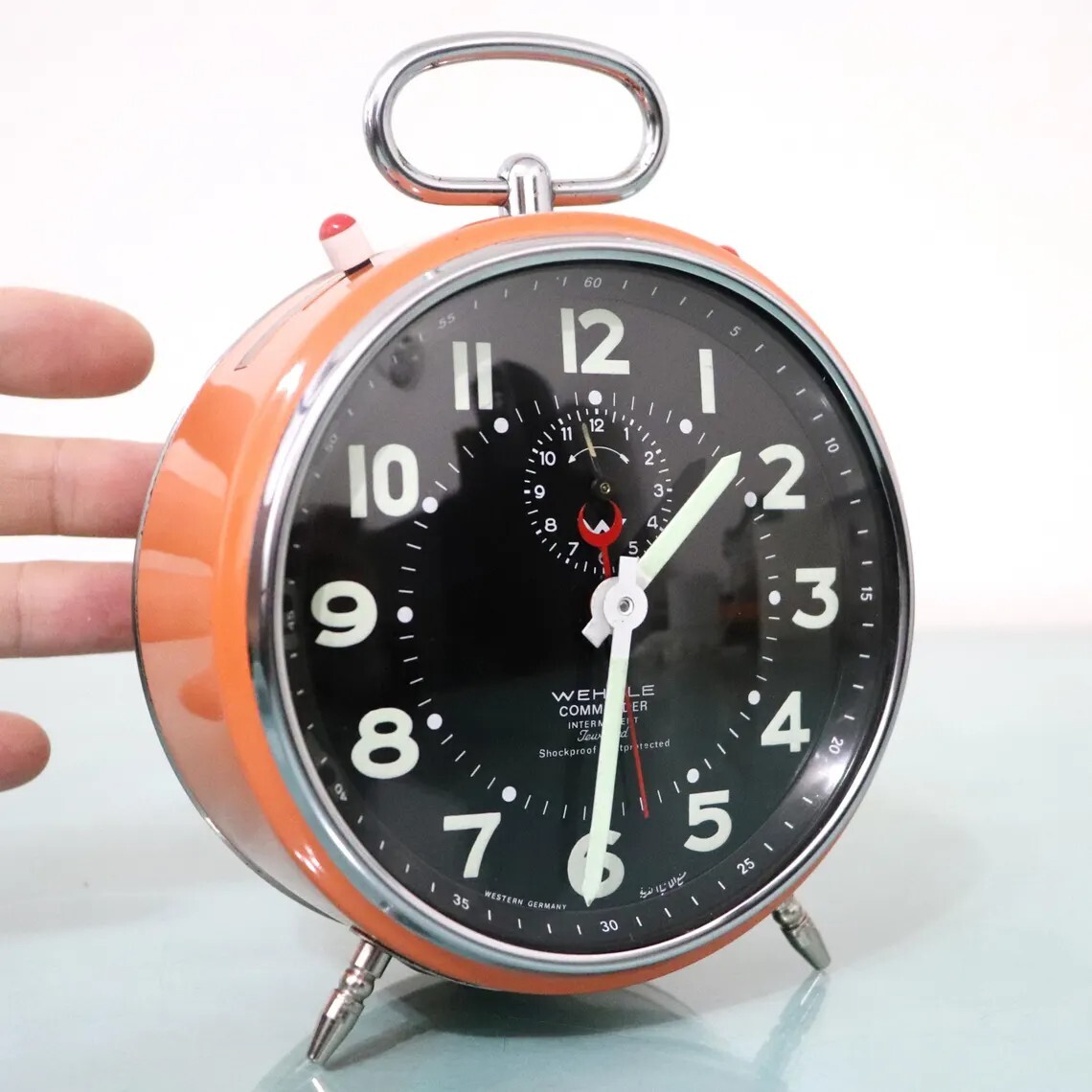 WEHRLE COMMANDER Alarm Mantel TOP! Clock Orange Black Dial