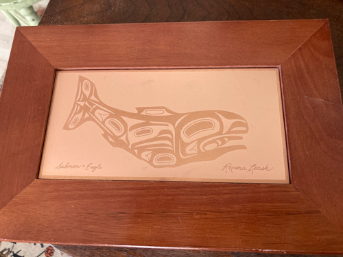 Wood & copper Native design trinket box by Tsimshian Artist Roxana Leask 11 1/2"