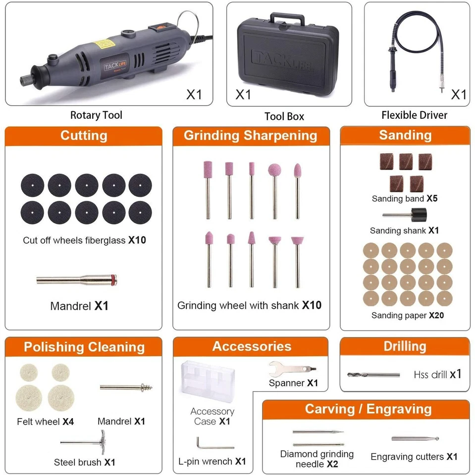 TACKLIFE Rotary Tool with Flex Shaft and 60 Accessories 135W Power Variable Spee - Image 2 of 4
