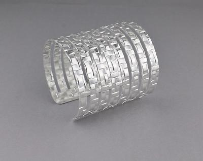 Silver cuff bracelet stamped woven pattern metal bangle cuff 2.5'' wide shiny
