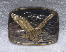 24K Gold Plated Flying Eagle On Silver Mountain Range Buckle Excellent Shape
