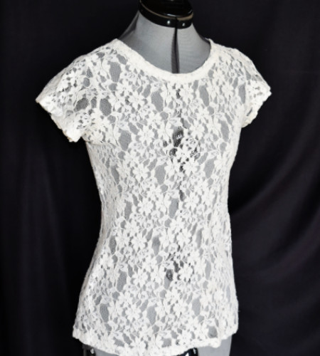LUSH Top Blouse Floral Lace Back Zipper Cream Cap Sleeves BIN 10