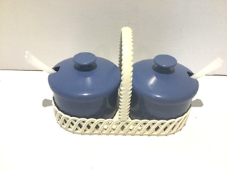 VINTAGE DIALENE BETTER MAID CONDIMENT / PRESERVE POTS SET IN WOVEN BASKET