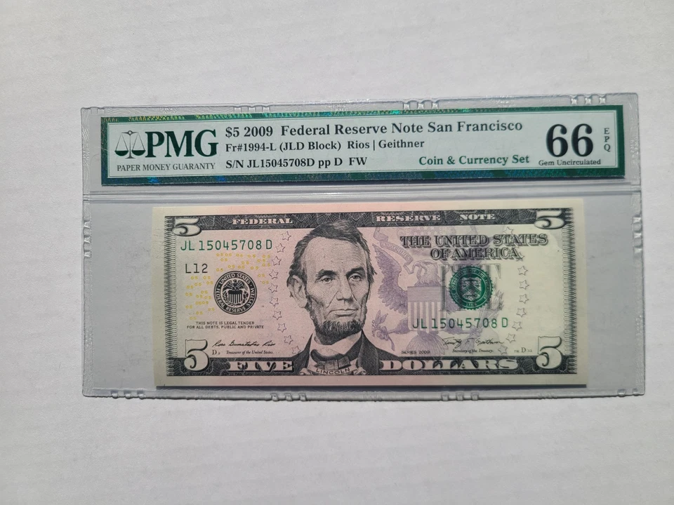 2009 $5 Federal Reserve Note San Francisco Graded PMG 66 Gem Uncirculated - Image 2 of 4