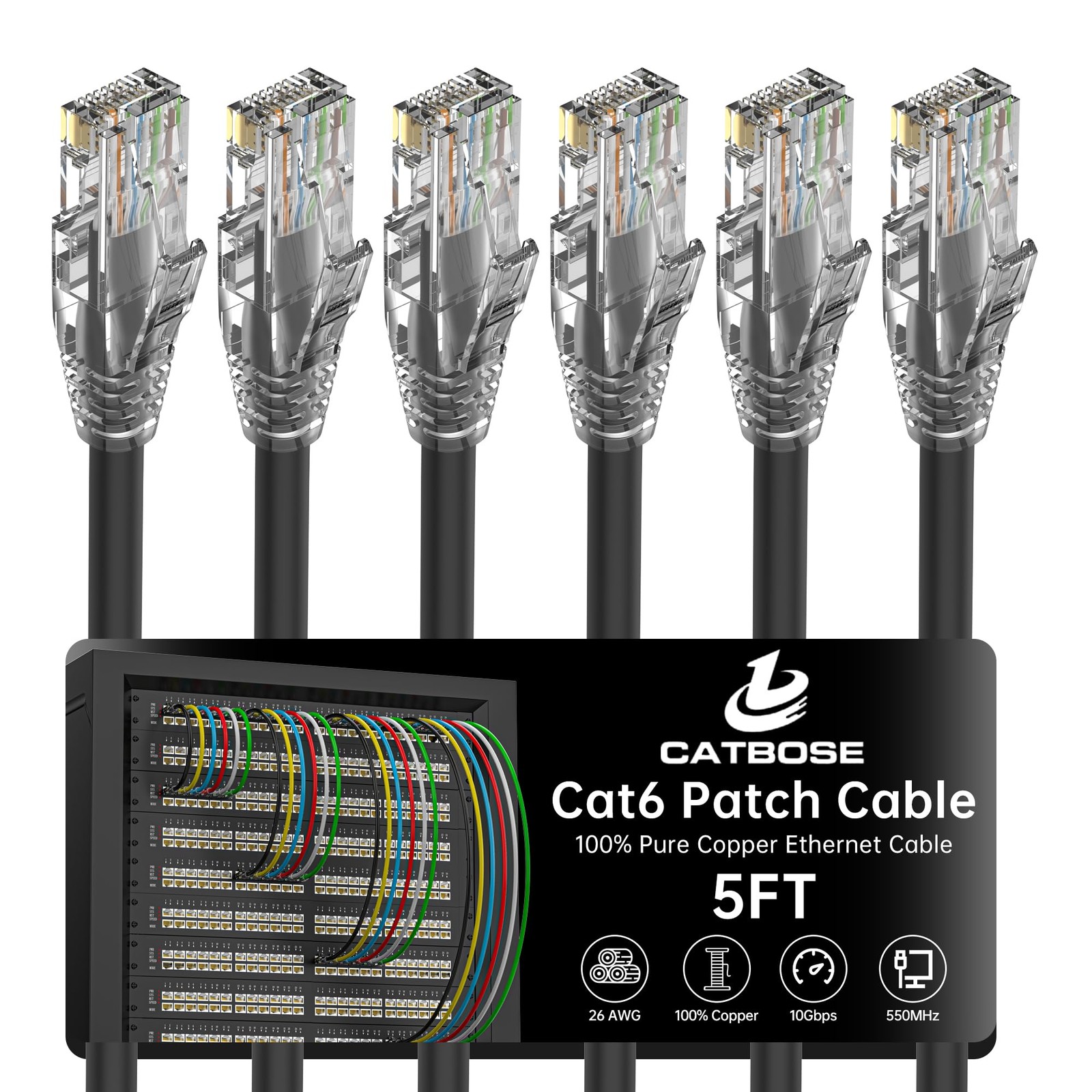 5ft Cat6 Ethernet Cable 6-Pack, Solid Copper RJ45 Patch Cord for High-Speed Networking
