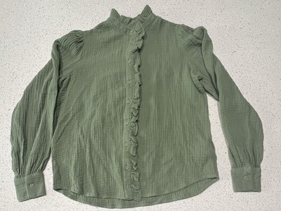 Les Essentiels de MONOPRIX Green Size 38 Long Sleeve Cotton Button Blouse France