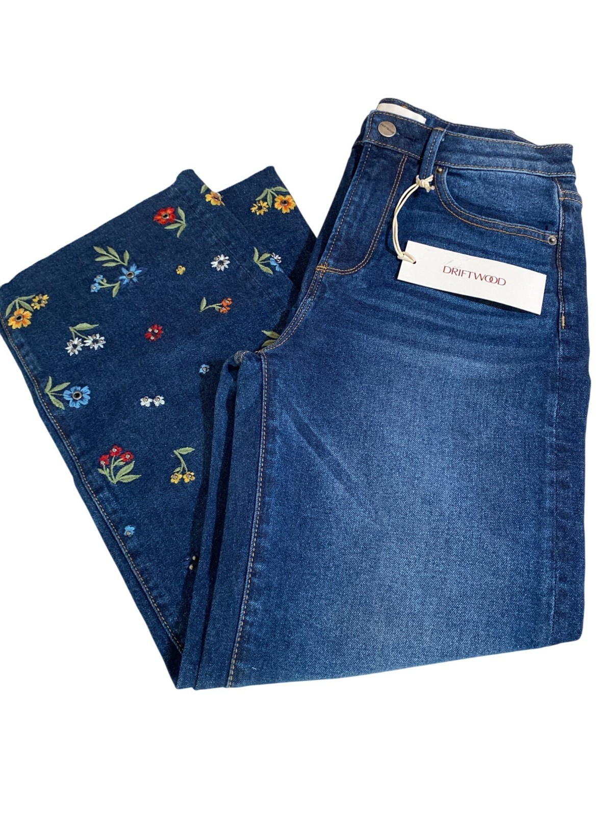 Driftwood Women's Charlee Jeans with Tags Embroidered Floral Denim Frayed Hem