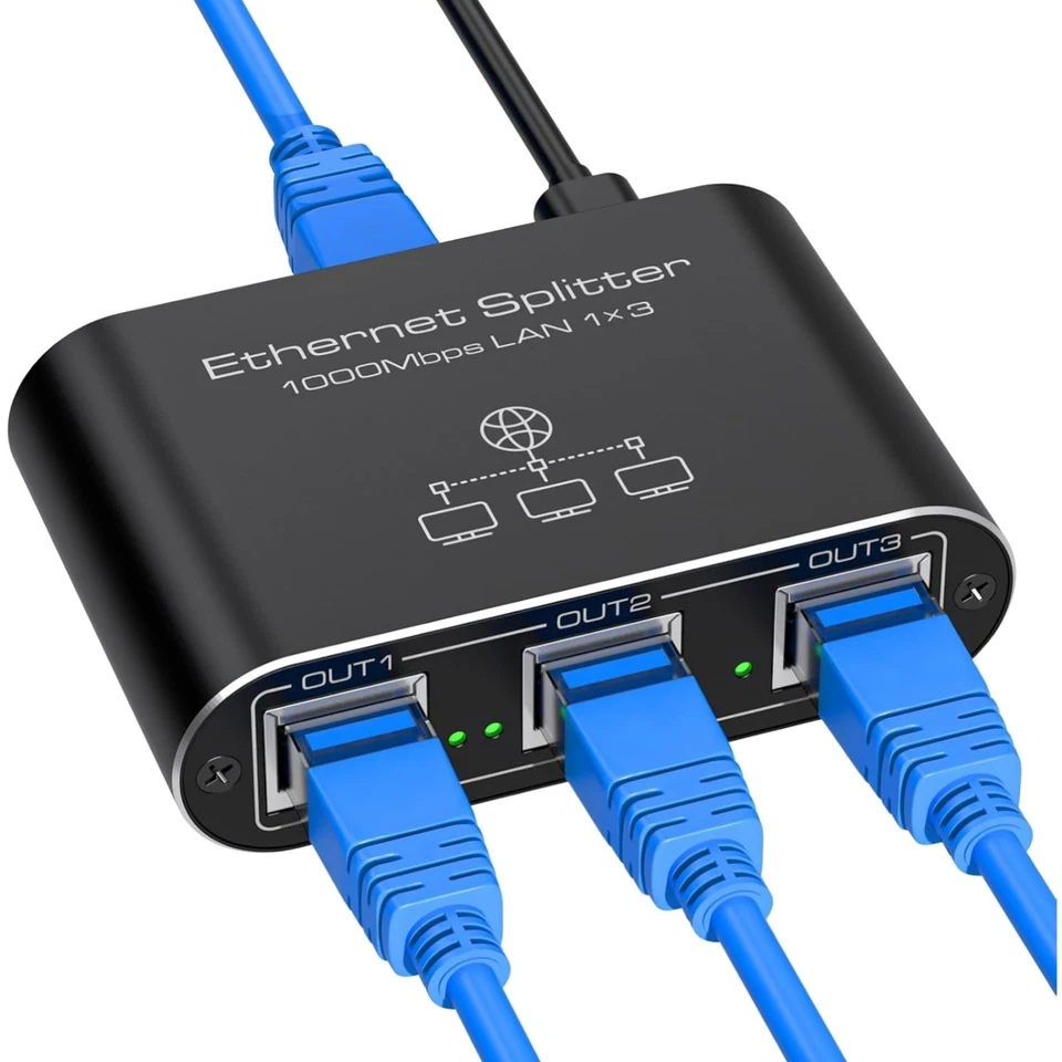 LAN Splitter 1 auf 3 Ethernet 1000Mbps Gigabit Aluminium Computer Router Netz...