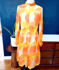 Vintage 60s 70s Atomic Orange Mod Psychedelic Silk Dress MCM Neiman Marcus Sz 14