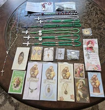 Large Lot Of Vtg Religious  Items Rosaries Ornament Lapel Pin Saint Anthony Ann