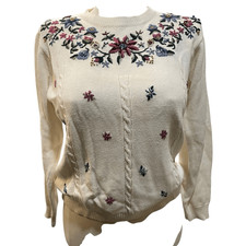 Vtg Womens 90s Knit Crewneck Sweater S Floral Embroidered Cottagecore Grannycore