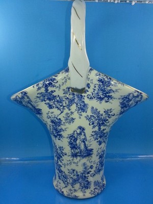 Vintage Formalities Baum Bros Blue White Toile Handled Basket Vase Gold Trim