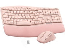 Pink Wireless Keyboard and Mouse Combo, 30dB Quiet Ergonomic Wave Keyboard Set w