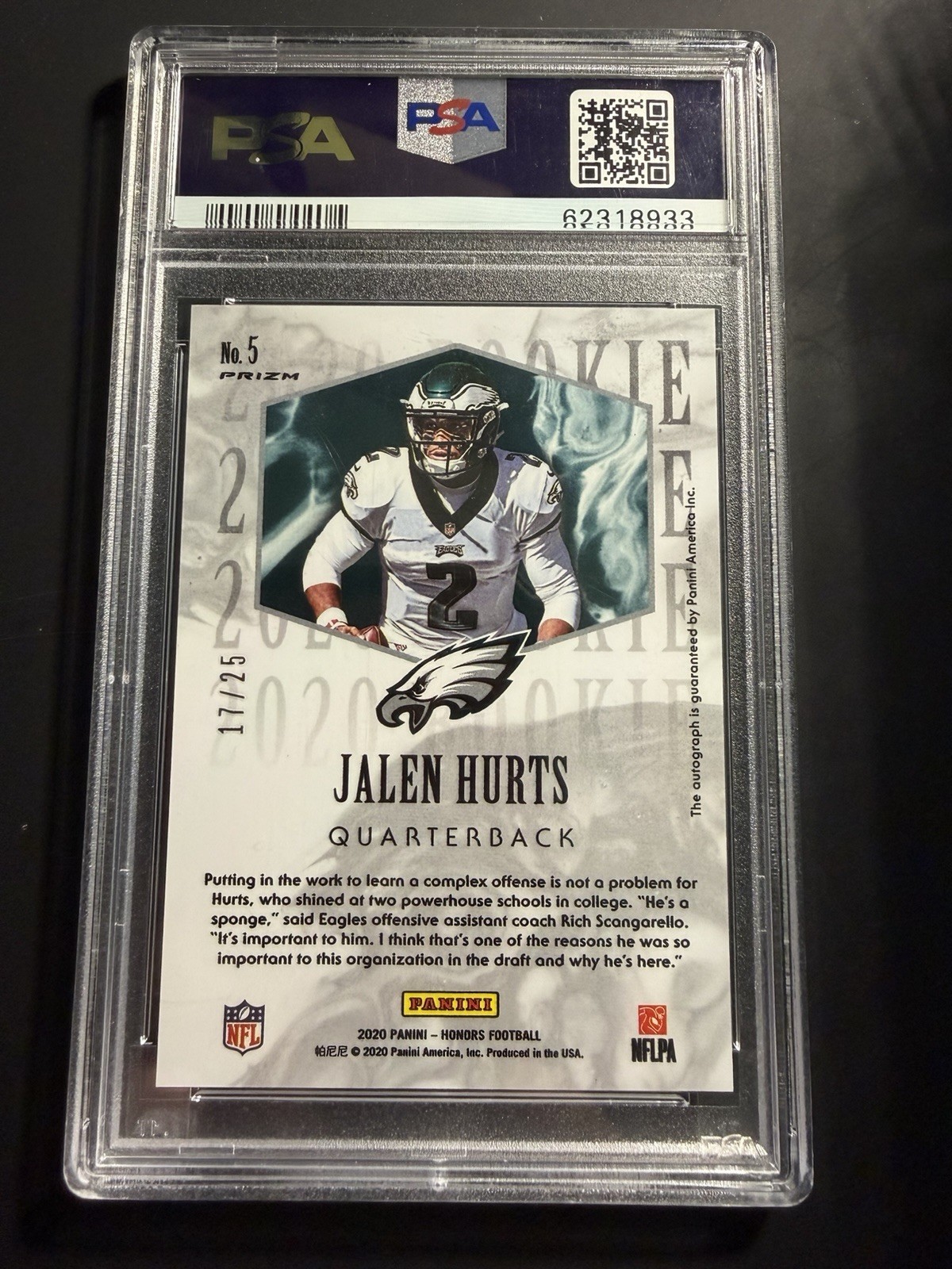 JALEN HURTS PSA 10 2020 PANINI HONORS 2004 ROOKIE AUTO ORANGE RC /25 view 2
