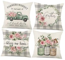 Buffalo Plaid Flower Eucalyptus Leaves Pillow Covers 18x18 Set of 4 Spring