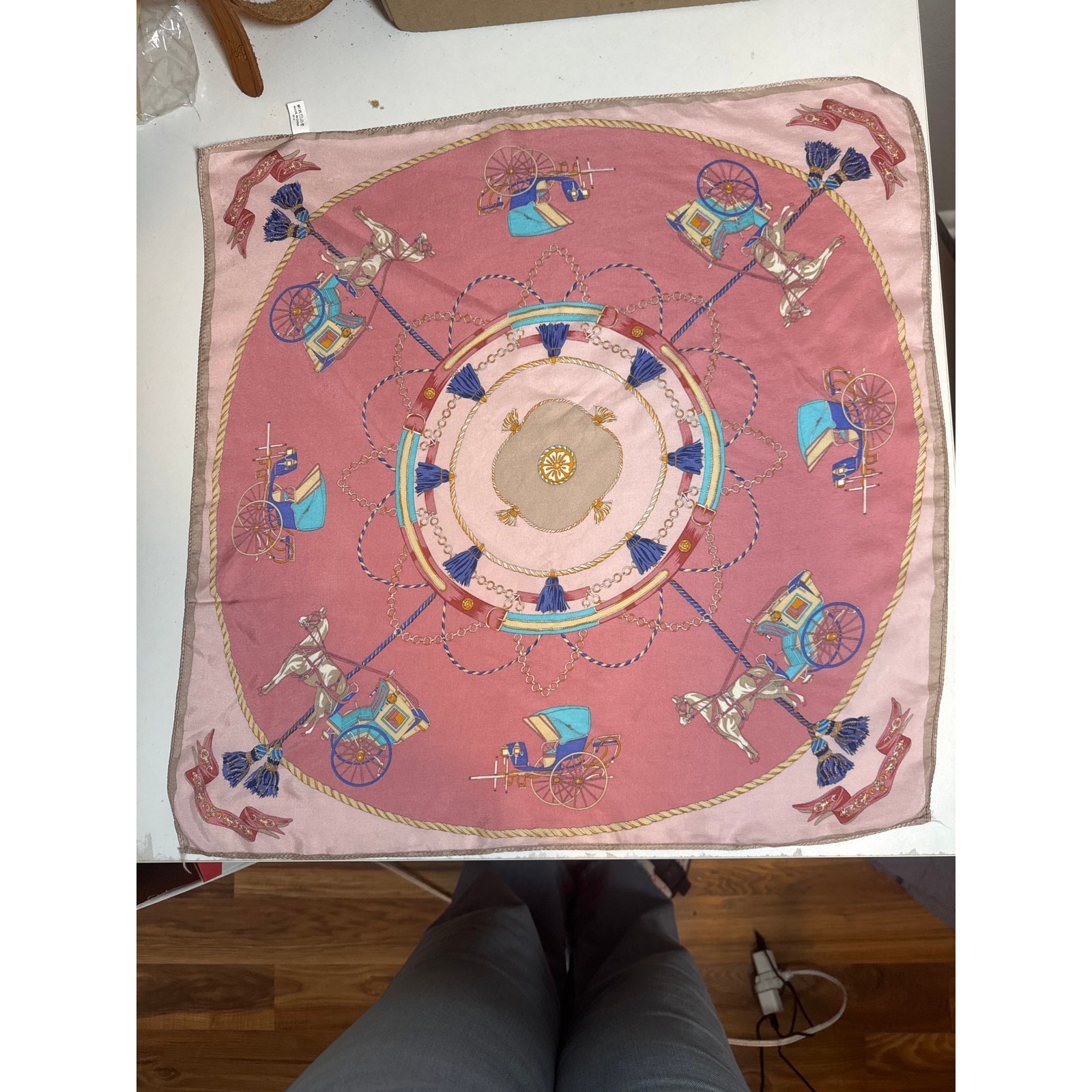 100% Silk Pink Small Square Neck Scarf Horse Carriage Dainty Delicate Classic