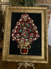 Vintage and Contemporary jewelry art framed Floral Christmas Tree