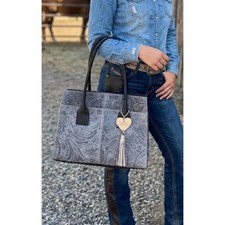 New Handcrafted Grey with Black Tooled Bag Leather