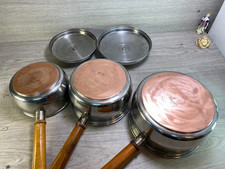 3 X Prestige Lifetime Vintage Stainless Steel Copper Bottom Pan Set Wood Handle