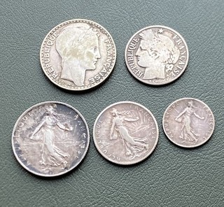 5x France Silver Coins 10 Francs 1930 1 1872 1916 2 1917 50 Centimes French G68