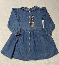 VTG Disney Denim Long Sleeve Mickey Minnie Embroidered Dress Sz4 Goofy Pluto