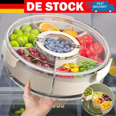 Drehbare Snackbox Rund mit 6 Fächern Deckel & Griff Snackschale Obstbox Teller