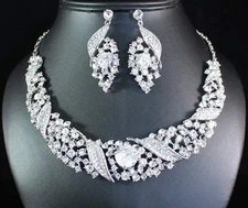GRACEFUL CLEAR AUSTRIAN RHINESTONE NECKLACE EARRINGS SET BRIDAL WEDDING N1684