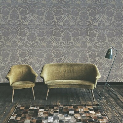 Victorian Damask Flocked Textured Gray Gold metallic flocking velvet Wallpaper