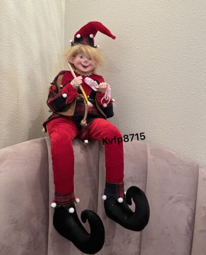 Elf 29” Shelf Sitting Posable Legs Bells Paint Brush Seamstress Tape Christmas