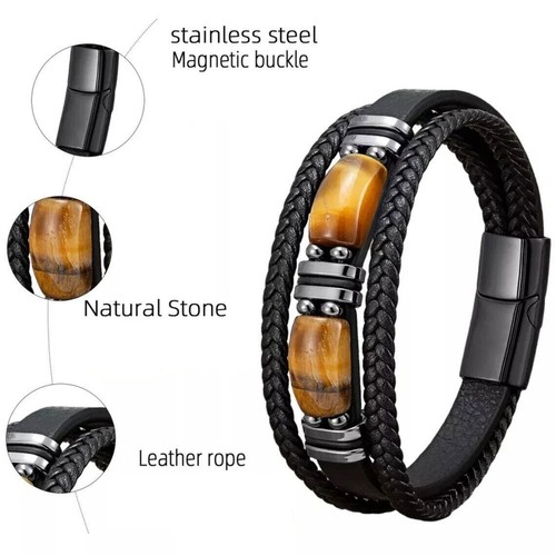 Natural Tiger's Eye Stone Men's Leather Braided Bracelet Bangle Magnetic Clasp - Picture 2 of 2
