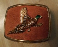 Raintree Vintage 1978 3D Mallard Duck Enamel On Leather Brass Belt Buckle