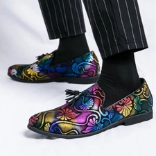 Spring Mens Slip on Loafer Casual Pointed Toe Party Shoes Tassel Floral Print sz