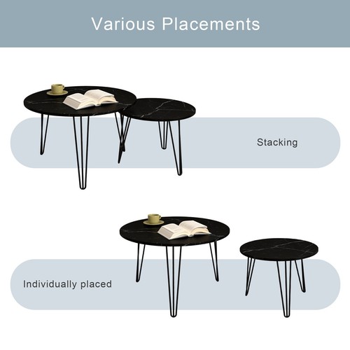 Set of 2 Nesting Coffee Tables Round End Side Tables Marble Tabletop Metal Frame - Picture 4 of 11