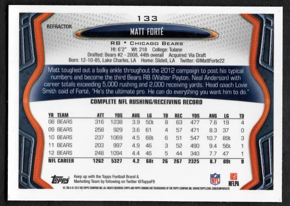 2013 Matt Forte Topps Chrome Football XFactor Refractor Bears #133 - Image 2 of 2